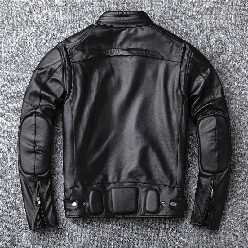 Can Remove The Inner Liner Winter Leather Men Stand Leading Layer Cowhide Motorcycle Leather Jacket Riding Clothing