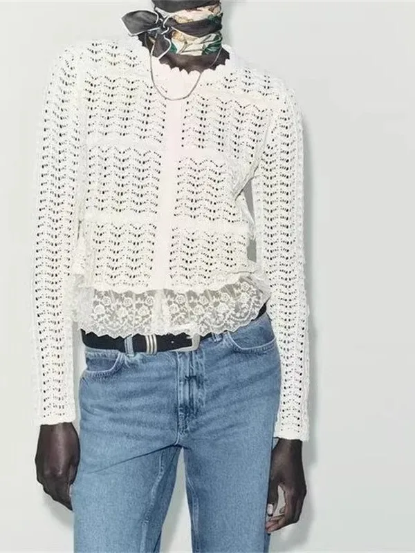 معطف نسائي محبوك من Sweet Sle مفرغ طويل Sve مستدير Ne معطف Jaet ort رومانسي أنيق للخريف وصل حديثًا 2025 #1