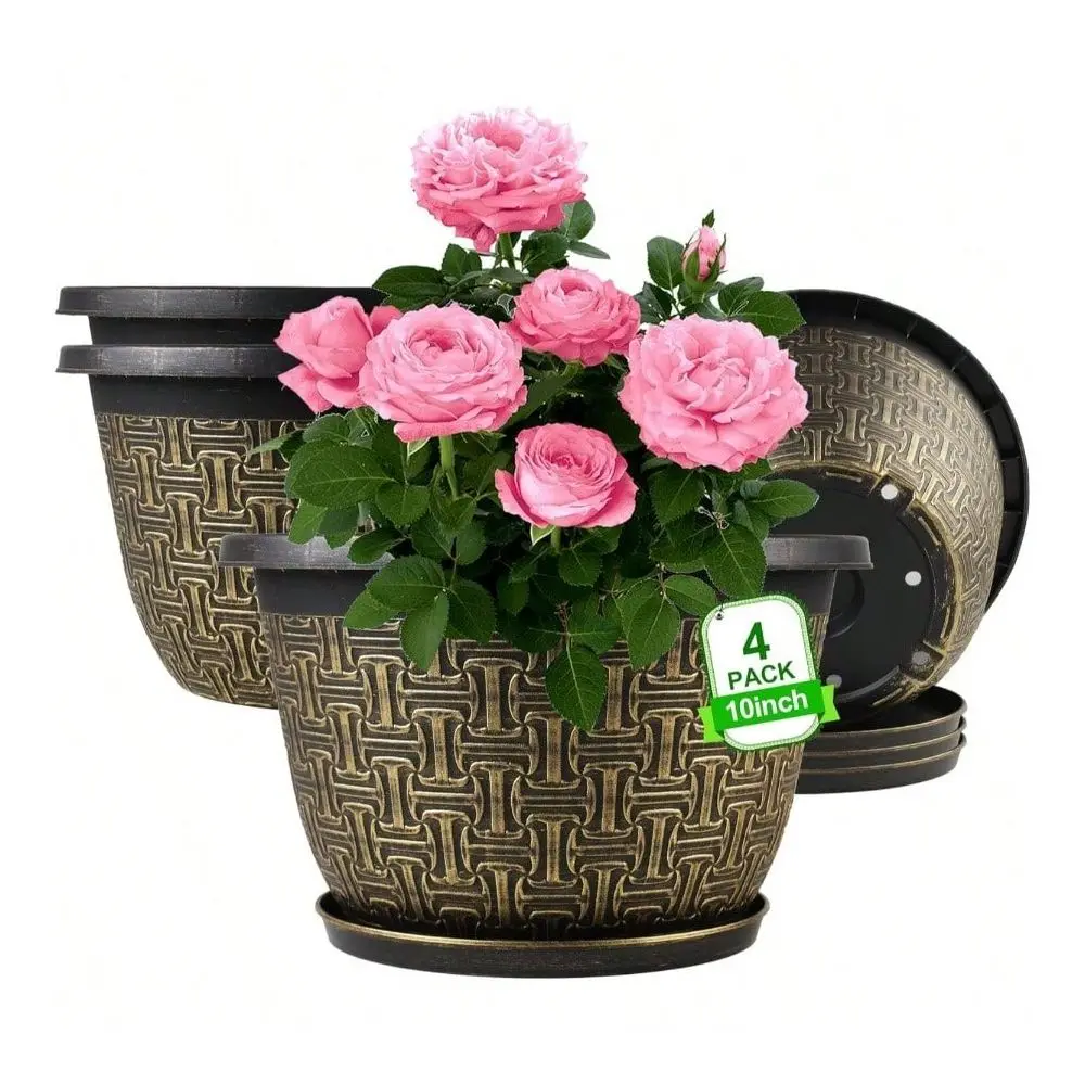 

Inch Plant Pots, 4 Pack Flower Pots Outdoor With Drainage Holes Trays, Retro Antique Imitation Decorative Garden Plastic Pots P