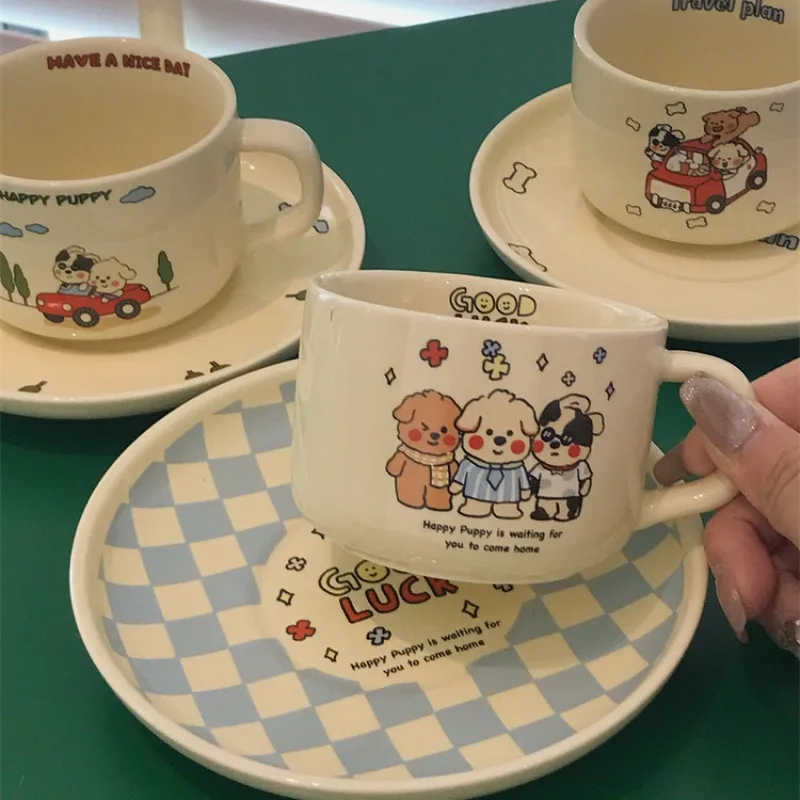 

Cute Dog Coffee Cup Saucer Set Underglaze Color Ceramic Mug Afternoon Tea Cup Creative Tableware Water Cup and Saucers Gifts