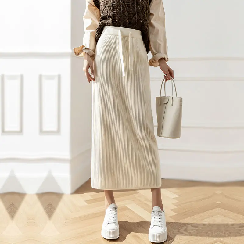 Lace-up Knitting Midi Skirts Women 5-Colors High Waist Minimalist Gentle Ladies Temper Knorean Fashion Solid Hipster INS Leisure