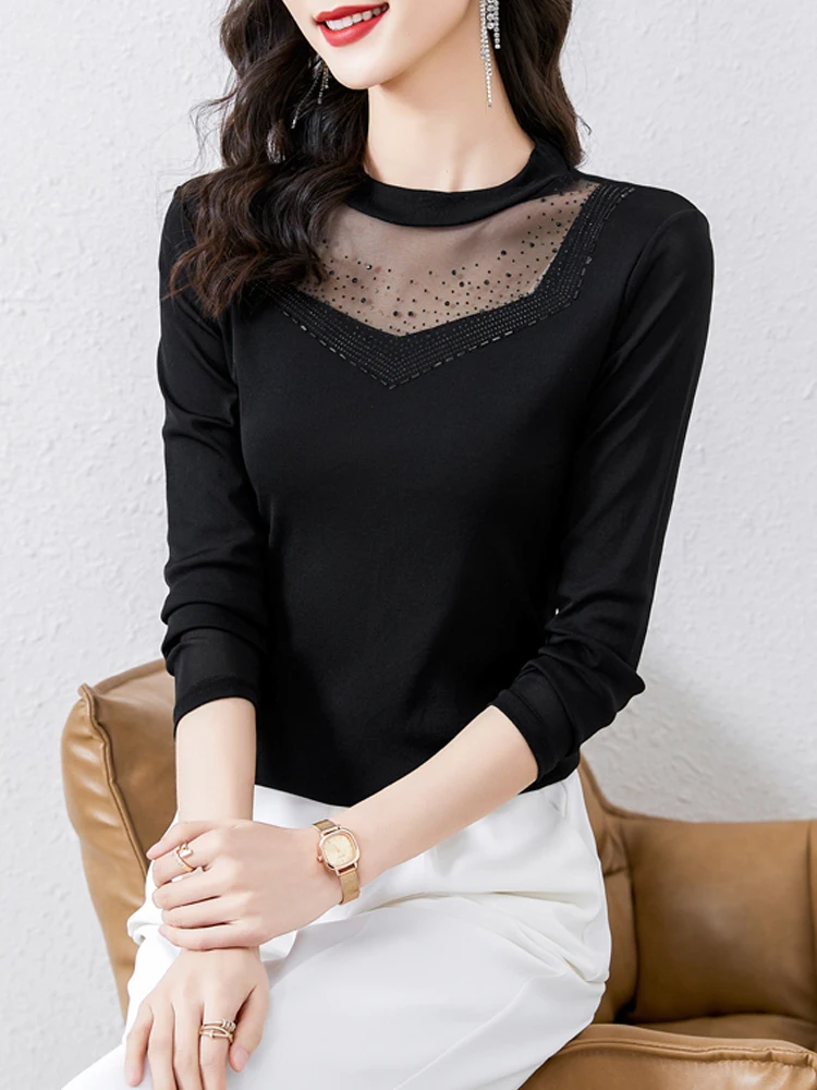 Nuovo 2025 Camicie con fondo nero Moda Chic Top Donna Sexy Scava fuori Slim Stretch T-shirt basic Abbigliamento casual femminile