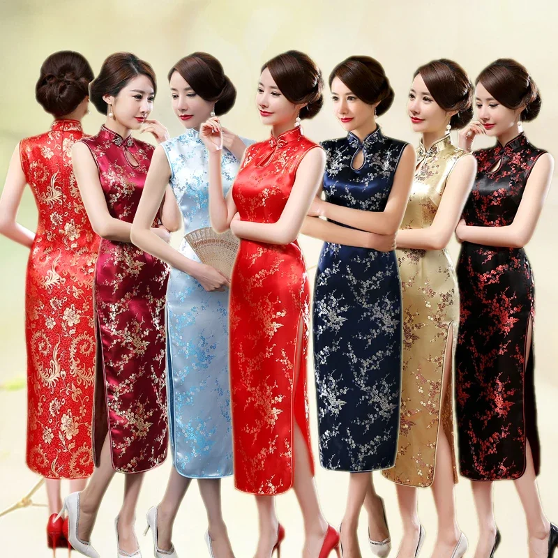 

Sexy Women Sleeveless Dress Slim Cheongsam Novelty Vintage Chinese Mandarin Collar Qipao Evening Party Dress Vestidos