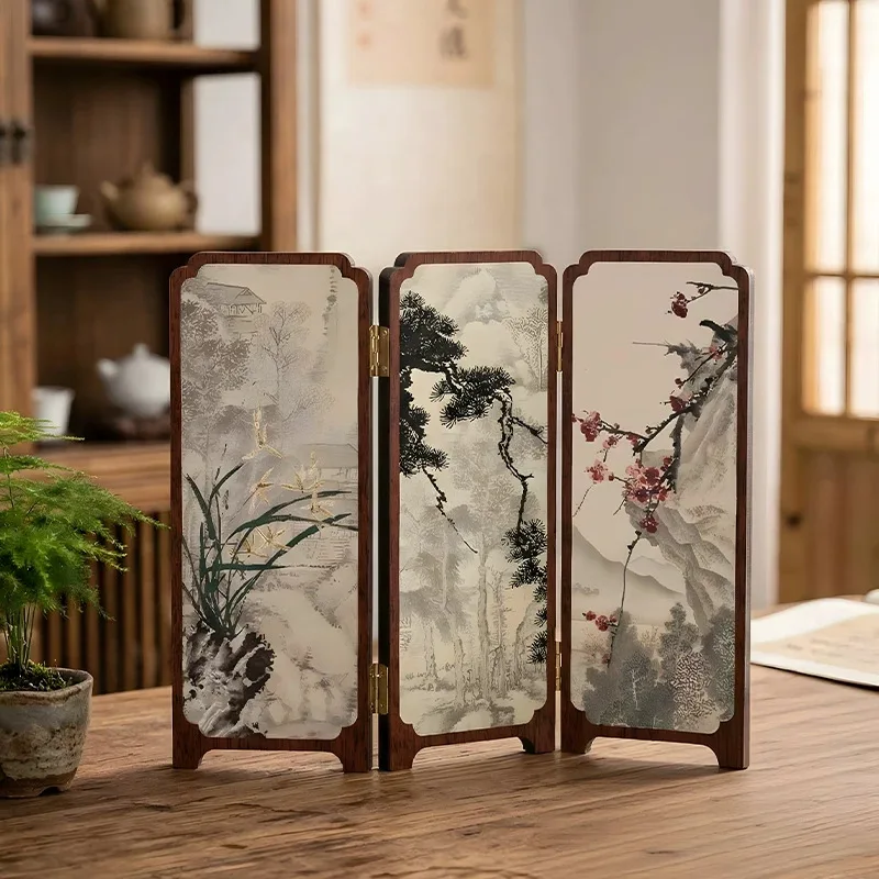 New Chinese-style floral and bird tabletop screen partition, living room tea room decoration ornament, three-fold folding
