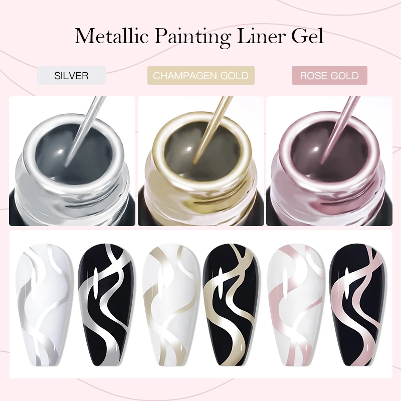 MEET ACROSS 5ml Silver Gold Metallic Painting Liner Gel Nail Polish French Style Mirror UV Semi Permanent Gel Nails Art Manicure