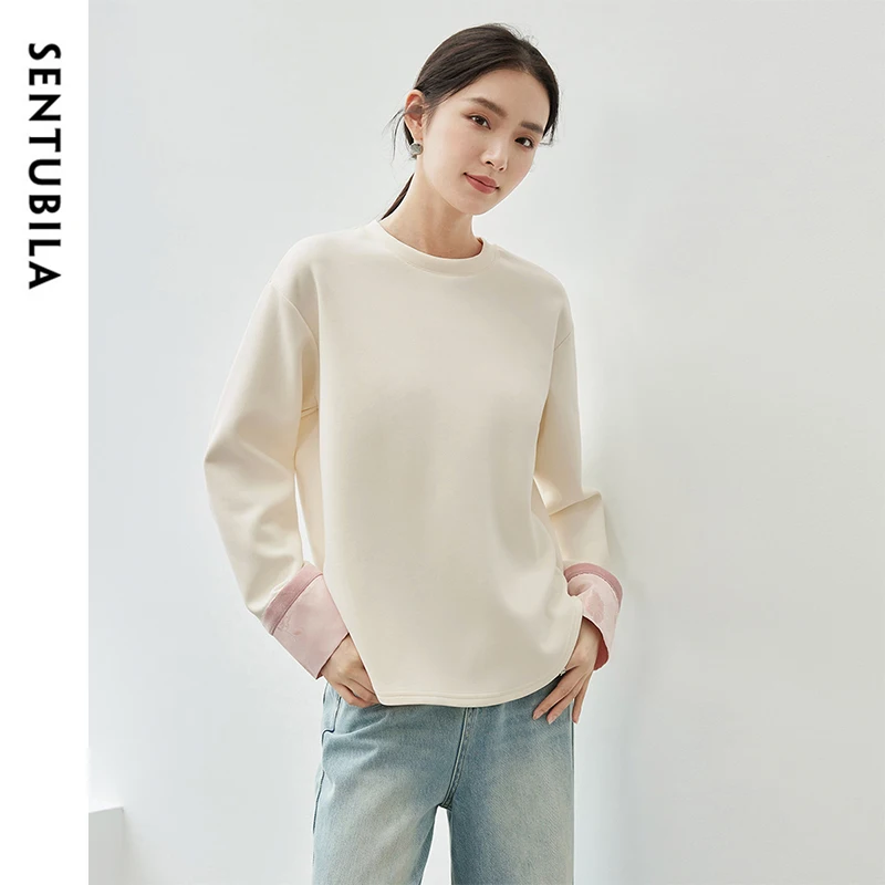 SENTUBILA Casual Cotton Knit Sweatshirt Women 2024 Autumn Chinese Style Patchwork Spliced Jacquard O Neck Pullovers 143A56435