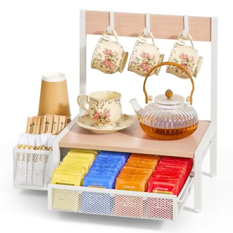 

Tea Bag Organizer Wood Tea Organizer and Storage Cheast Tea Bag Holder with Storage Drawer 4 Hooks for Tea Cups Holder Tea Stat
