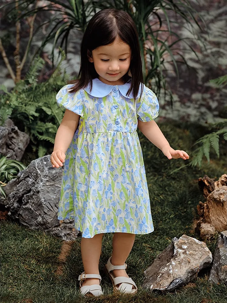 Baby Girls Summer Dresses 100% Cotton Cute Small Floral Printed Blue Short Sleeve Kids Clothing Princess Birthday Dress 120cm