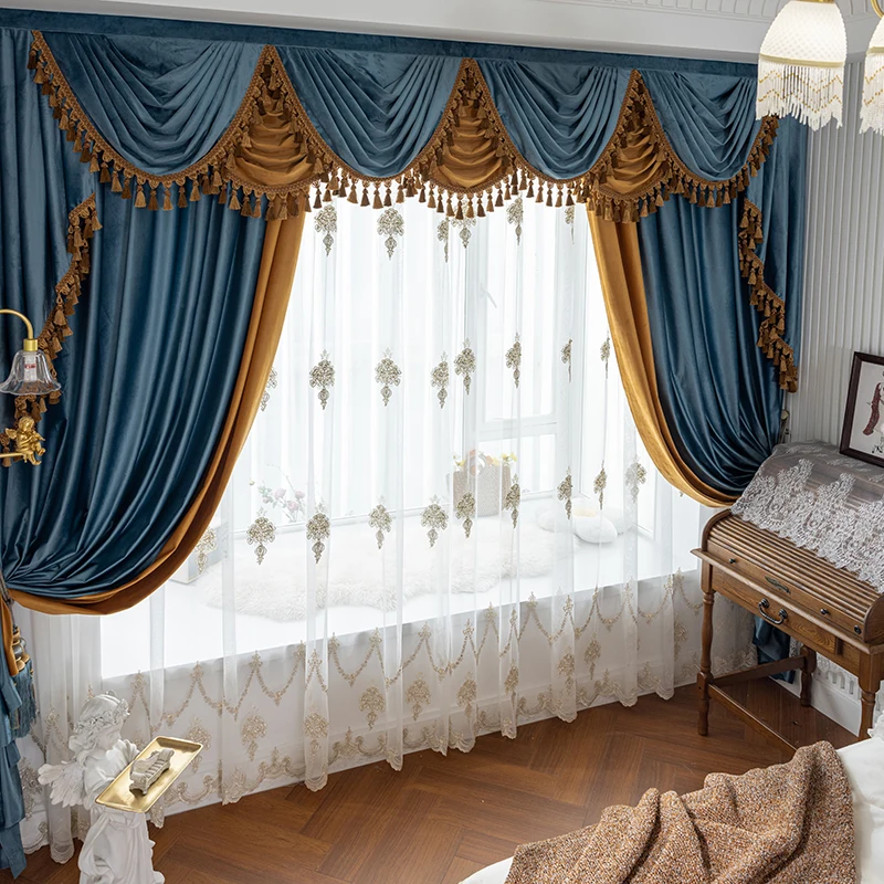 Custom Upscale luxury European velvet shade living room bedroom villa blue cloth valance blackout curtain tulle drape C1954