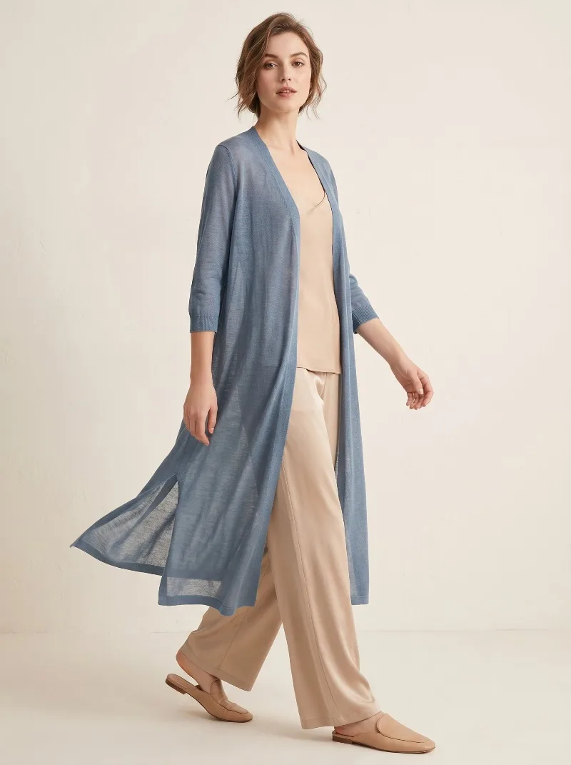 Ladies Ice Silk Knit Sun Protection Coat Loose Three Quarter Sleeve Open Front Cardigan Casual Thin Breathable Daily Outerwear