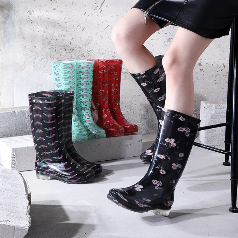 Women's Galoshes Floral Print Rain Boots Women Waterproof Work Garden Water Shoes Ladies Non-slip Rubber Boot High Rain Shoes