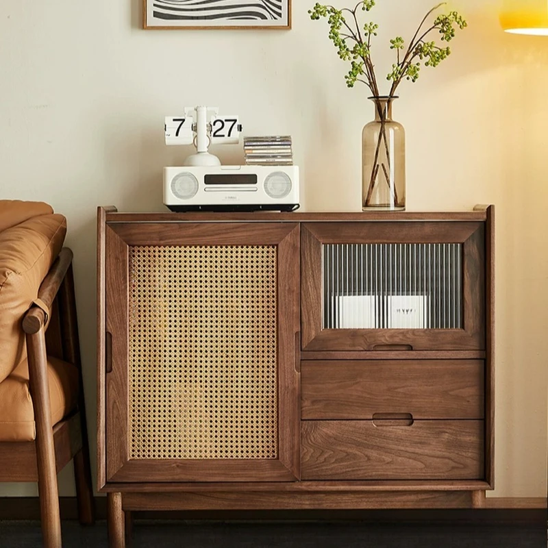 

Solid wood dining side cabinet Modern simple North American black walnut tea cabinet Rattan glass door locker