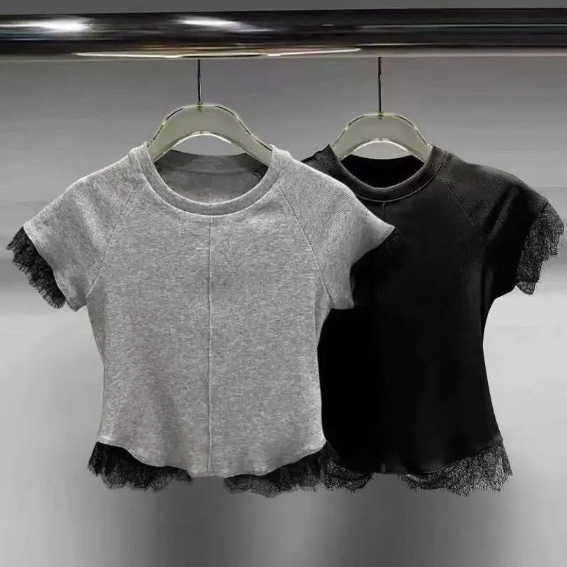 

Girls' lace T-shirt 2026 summer new Korean version children's round neck sweet lace patchwork short sleeved top