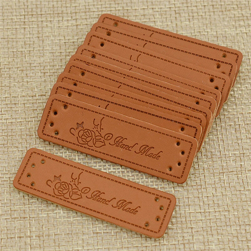 50Pcs Brown Made with Heart PU Leather Handmade Label Tags DIY Sewing Craft