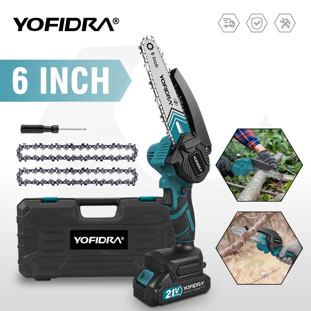 YOFIDRA 6 Zoll elektrische Kettensäge Akku-Kettensäge Garten Holzbearbeitung Schneiden Astsäge Elektrowerkzeug für Makita 21 V Batterie Pin