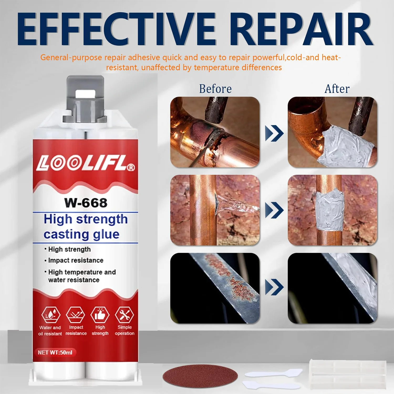 AB صب الصمغ، إصلاح الشقوق المعدنية، مانع التسرب، لاصق للحديد والألمنيوم والنحاس والصلب والسيراميك والبلاستيك، مقاوم للحرارة العالية حتى 150 درجة مئوية، عالي القوة.