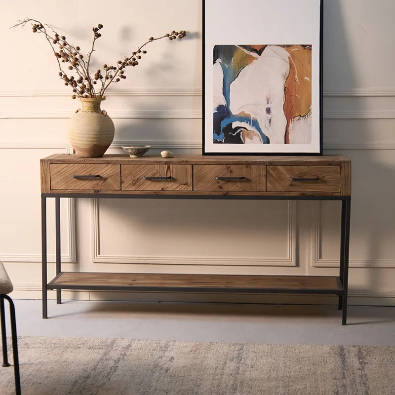 

American retro entrance table old solid wood desk household wall long narrow table simple wrought iron entrance table