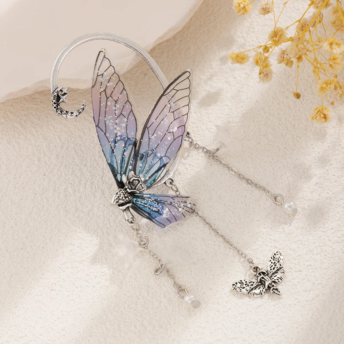 Ingemark 1PC Kpop Sweet Colorful Butterfly Tassel Clip Earrings Women Wed Bridal Elegant Elf Fairy Ear Cuff No Piercing Jewelry