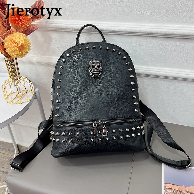 JIEROTYX-mochila de piel sintética con remaches para mujer, bolso escolar de gran capacidad, de diseñador, estilo gótico, color negro