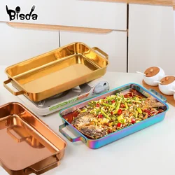 Stainless Steel Flat Bottom Golden Grilled Fish Plate Korean BBQ Tray Plate Rectangular Dumpling Dinner Baked Plate for Kitchen