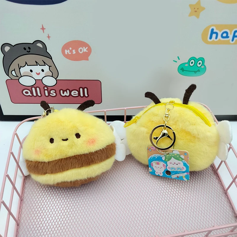 Cartoon Bee Coin Purse Soft Plush Zipper Small Wallet For Girls Kawaii Data Cables Earphones Bag Key Pouch