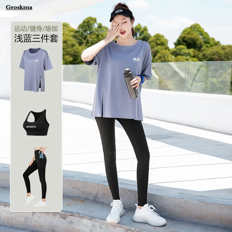 

Loose Split T-Shirt+Bra+Leggings Women Yoga 3 Piece Set Running Sportswear Tracksuit Outdoor Training Elastic Breathable Sets