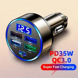 PD + QC 3.0 고속 충전 차량용 전화 충전기 어댑터, 4 포트 USB 차량용 충전기, C타입 PD35W 고속 충전 3.0 차량용 충전기