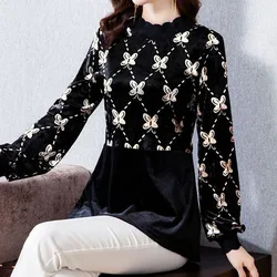 Fashion Elegant Bow Printed Fleece Tops Autumn Winter Warm Long Sleeve Vintage Stand Collar Spliced T-shirt Women's Clothing