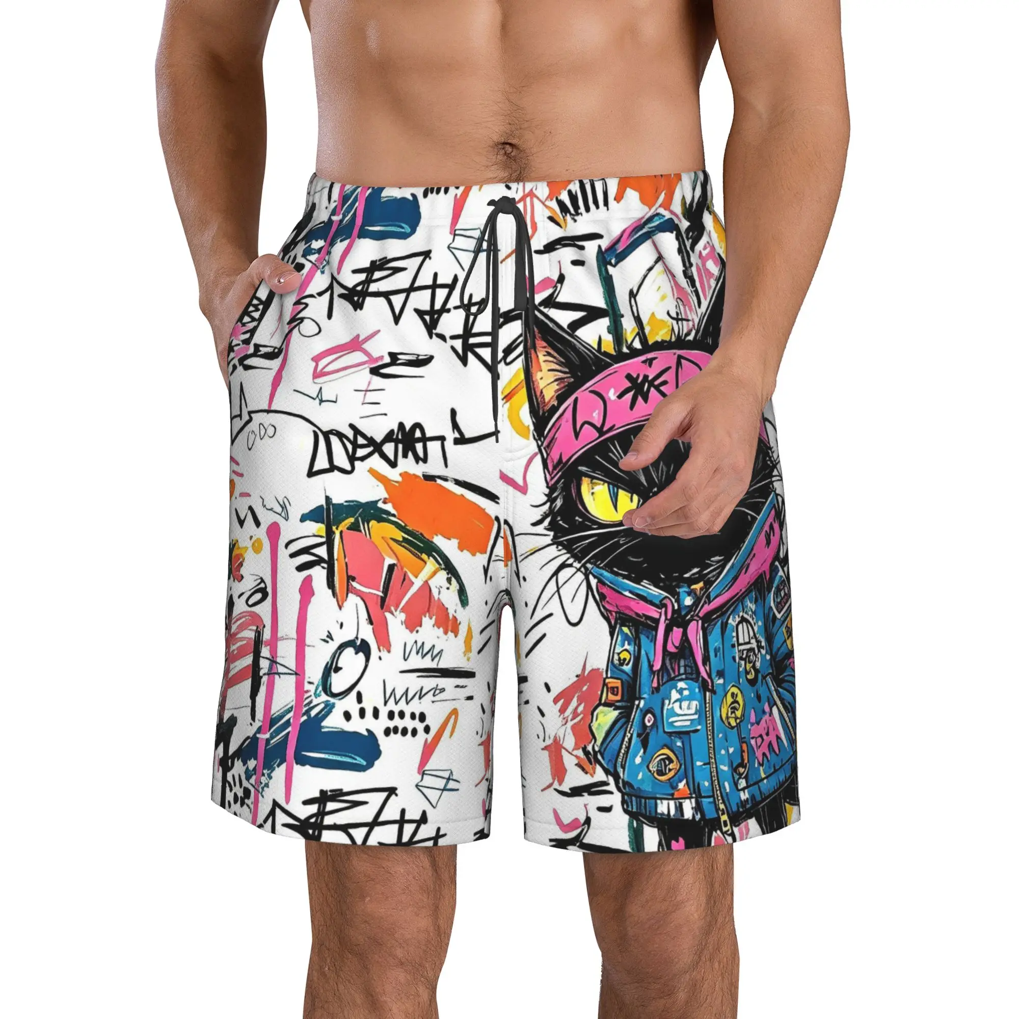 Colorful Graffiti Cat Trunks Beach Board Shorts Casual Quick Dry Swim Summer Men Pants