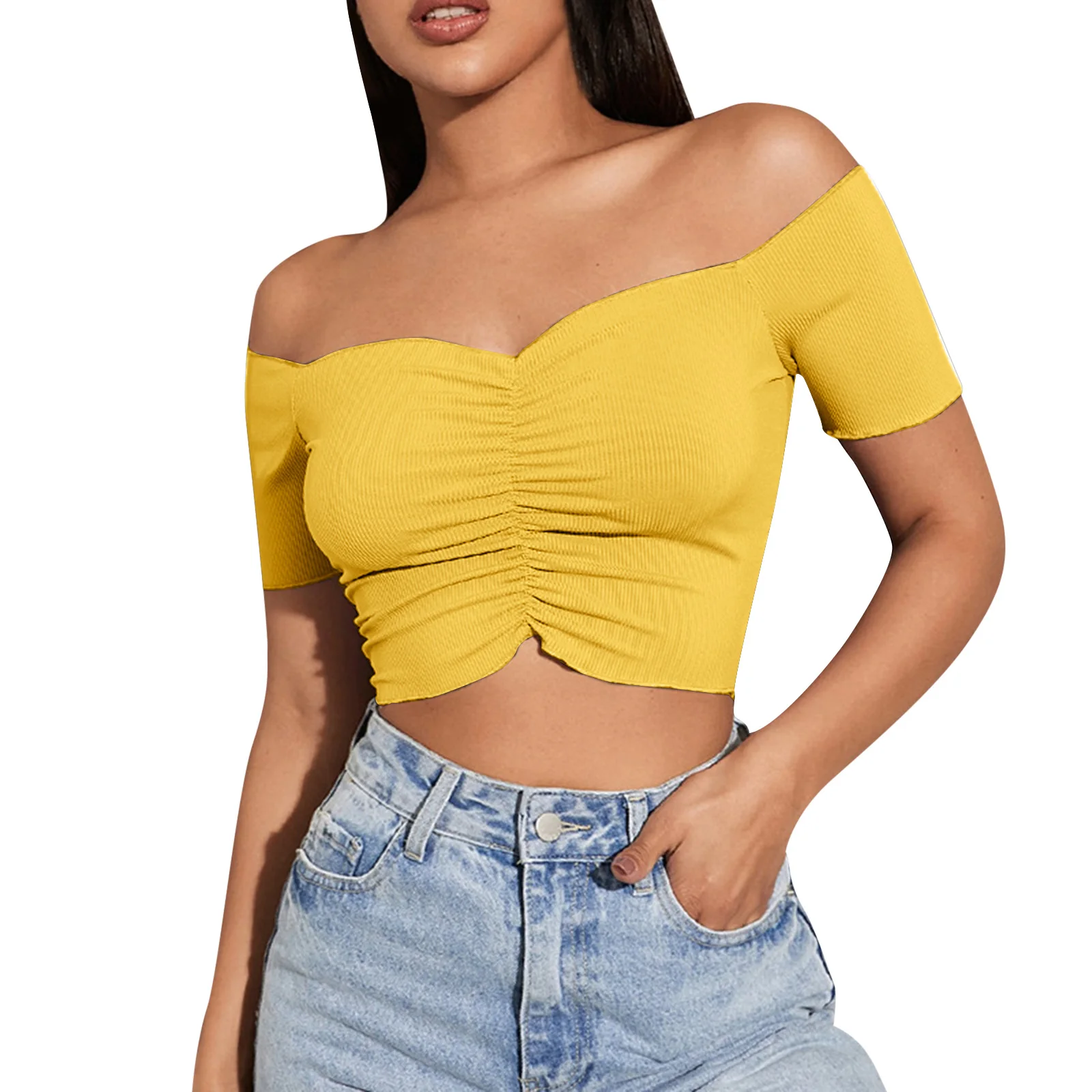 Off Shoulder Pleated Shirt Y2K Women Crop Tops Casual Black Femme Navel T-shirt V Neck Short Slim Tee Elegant Shirt Streetwear