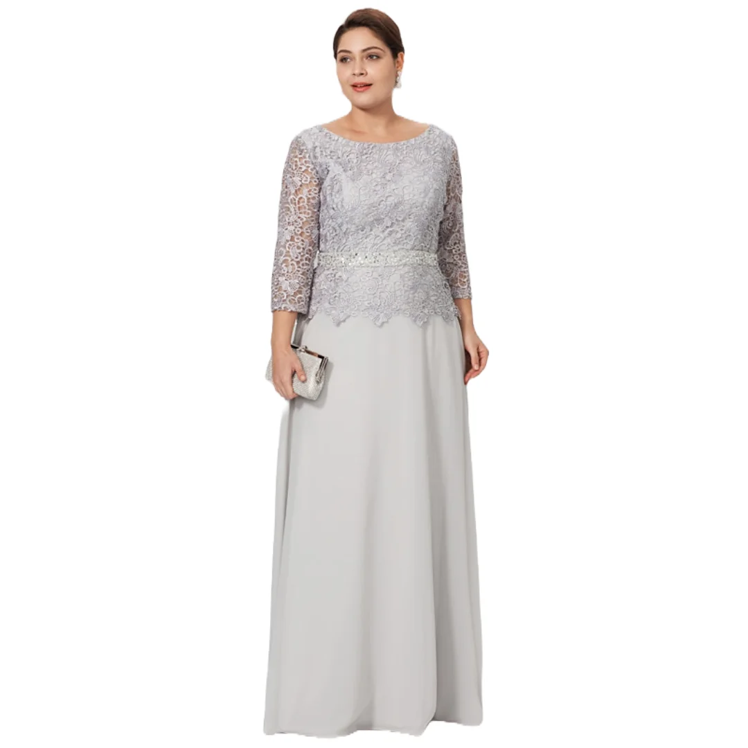 Customized Silver Grey Long Sleeve Floor-Length Dress with Lace Bodice Waistband Plus Size Mother of the Bride or Groom Dresses