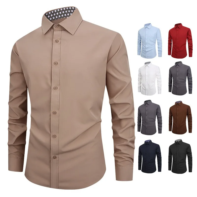 

Лидер продаж: Новая модная мужская повседневная деловая рубашка с отложным воротником, приталенного кроя, с длинным рукавом, однотонная, мужская одежда, топы