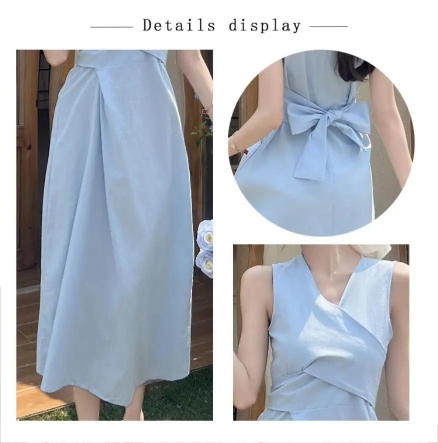 한국 패션 우아한 단색 여성용 V넥 크로스 타이 튜닉 고급 드레스 여름 캐주얼 휴가 베스트 롱 드레스