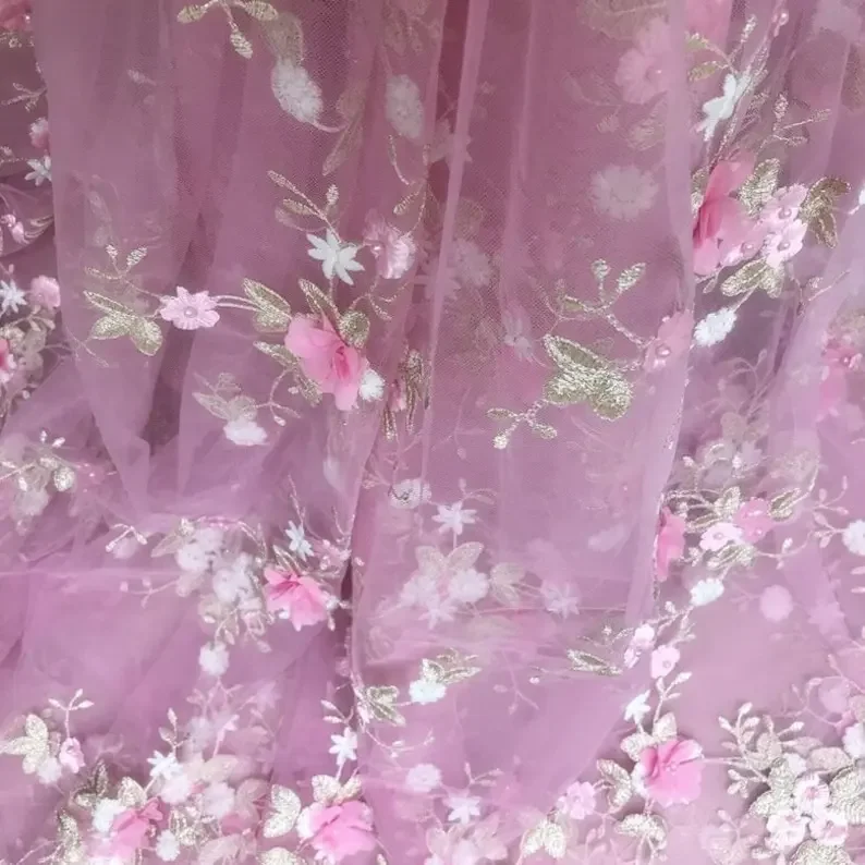 7 colores 3D flores de gasa bordado dorado tela de encaje flor con cuentas perlas tela de tul para vestido de novia velo de novia