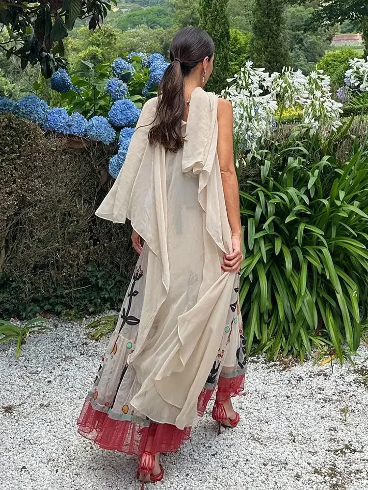 Vestido Midi con estampado de volantes para mujer, traje Sexy con hombros descubiertos, Espalda descubierta, sin mangas, ideal para primavera y vacaciones, 2024