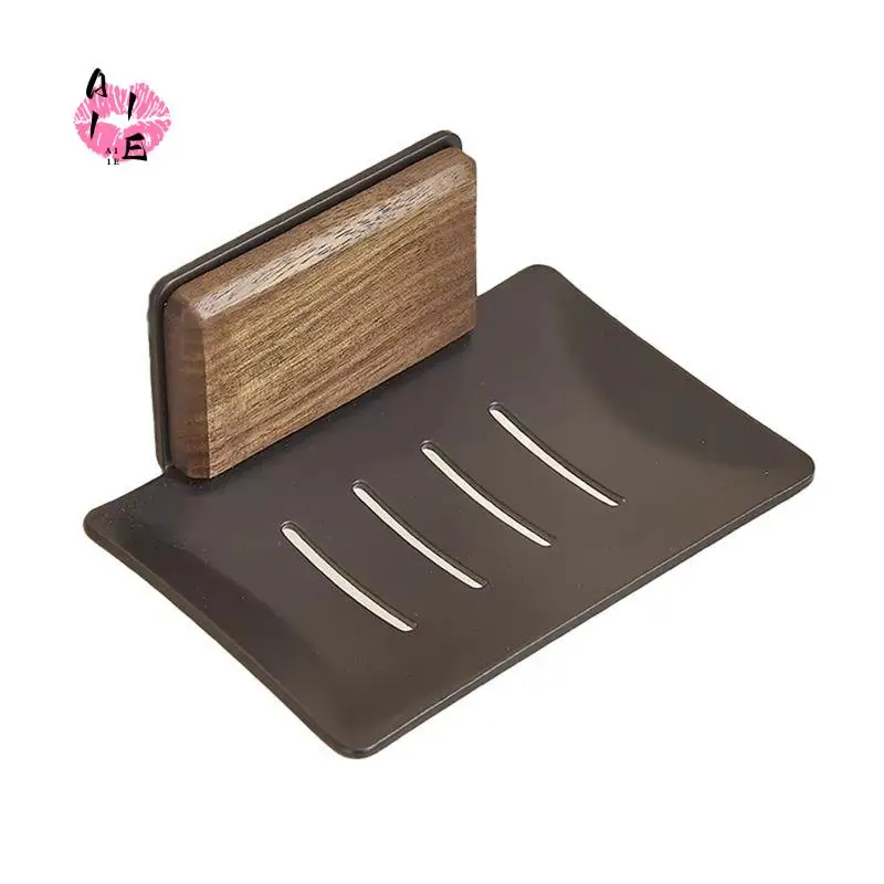 A11E-Wall-Mounted Soap Dish Holder, Aluminum & Wood, Free-Punch Installation For Bathroom & Kitchen, Sponge Organizer