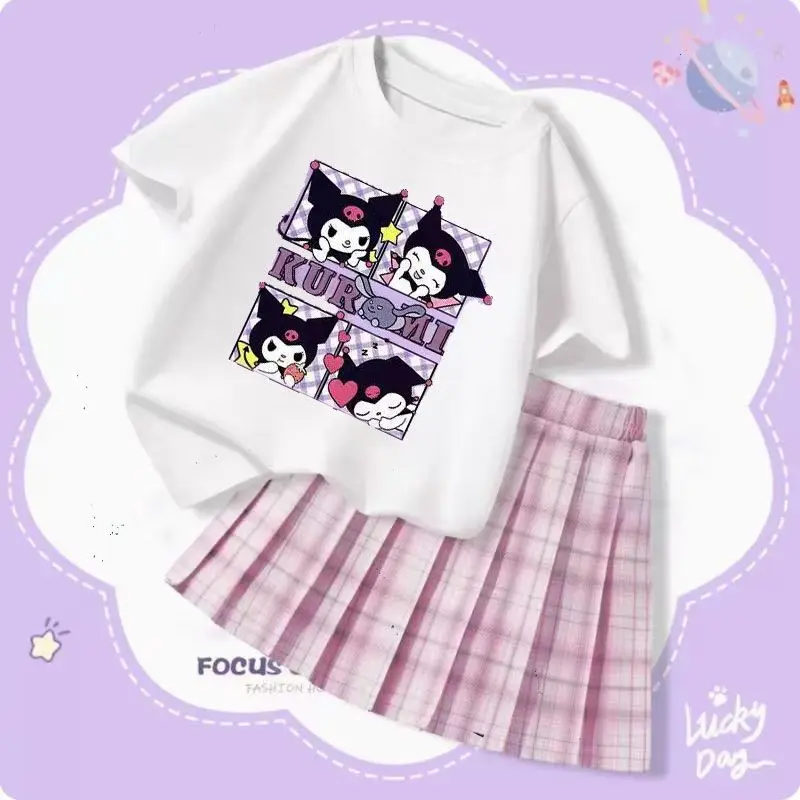 

Miniso Sanrio Kuromi Cinnamoroll My Melody Kids Jk T-Shirt Set Cartoon Summer New Girls Short Sleeve Pleated Skirt Two-Piece Set