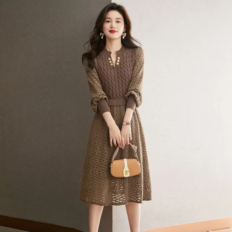 

Women Dress Longer Elegant Knitted Jumpers 2024 New Fashion Fall Winter V-neck Dresses Female Mid-calf Cashmere Pullovers LU450