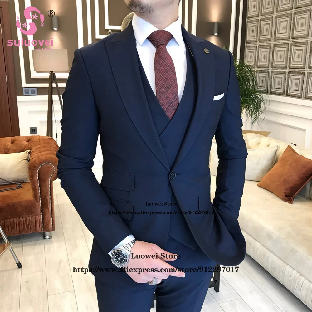 

Fashion Business Suits For Men Slim Fit 3 Piece Jacket Vest Pants Set Male Blazer Formal Groom Wedding Party Peaked Lapel Tuxedo