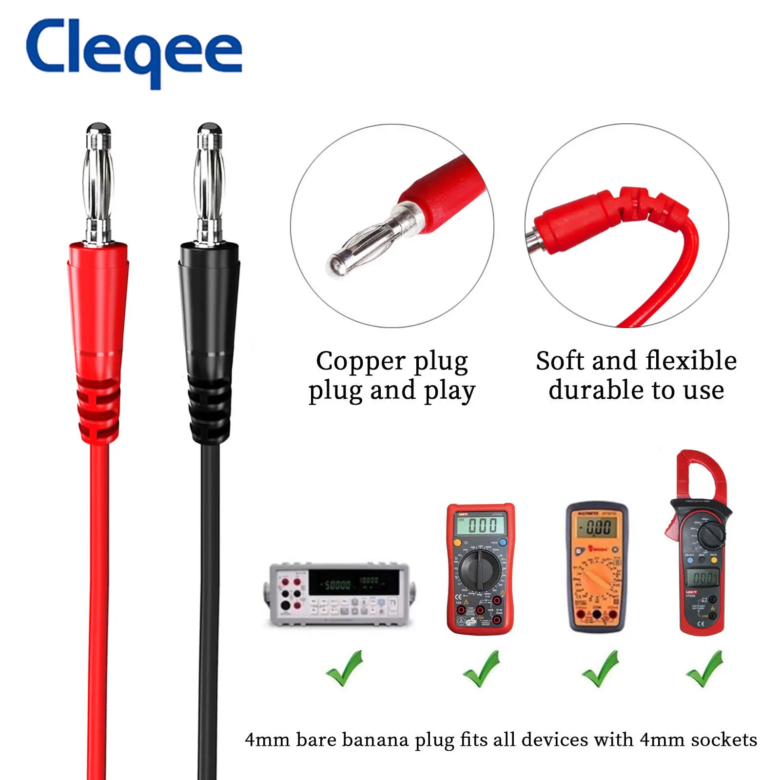 Cleqee-Cable eléctrico P1043, multímetro con enchufe Banana desnudo Dual de 4mm, cables de prueba de 100cm, 1000V/10A, 5 colores, 5 uds.