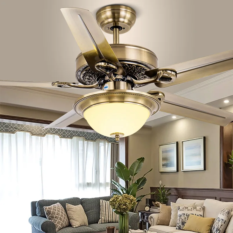 52 inch ceiling fan light wood leaf decorative ceiling fan European retro simple restaurant fan light LED remote control