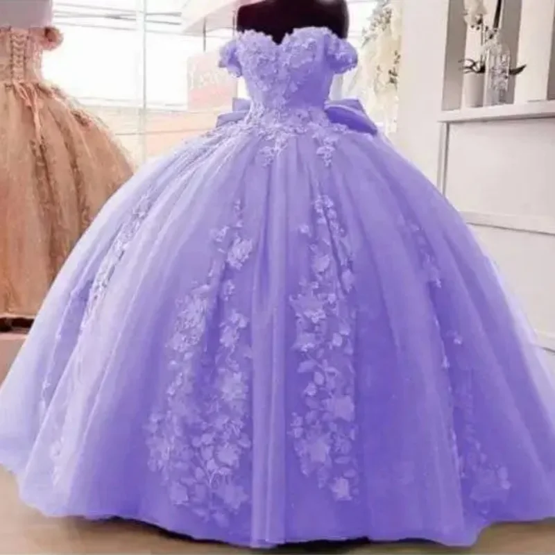 Индивидуальное милое пыльно-синее платье Quinceanera с 3D цветочной аппликацией и открытыми плечами, Vestidos Sweet Dress Bow de soirée