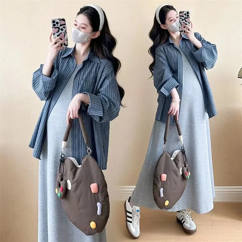 Pregnant Women's Dress Summer 2024 Spring Autumn New Collection Early Autumn Lazy Style Suit Shirt Two-piece Set Vest Long Skirt