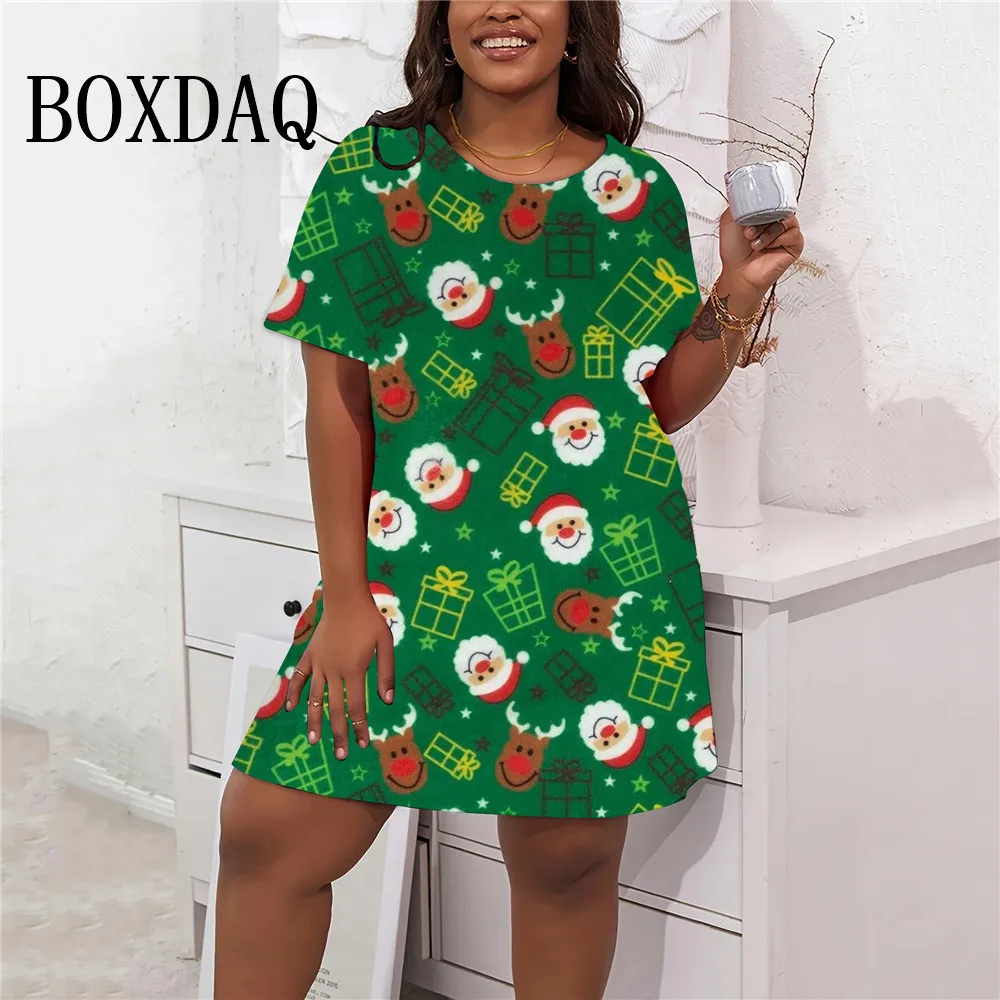 

2024 New Christmas Party Women's Dress Sweet Casual 3D Santa Claus Print Short Sleeve A-Line Dress Summer Plus Size Clothing 9XL