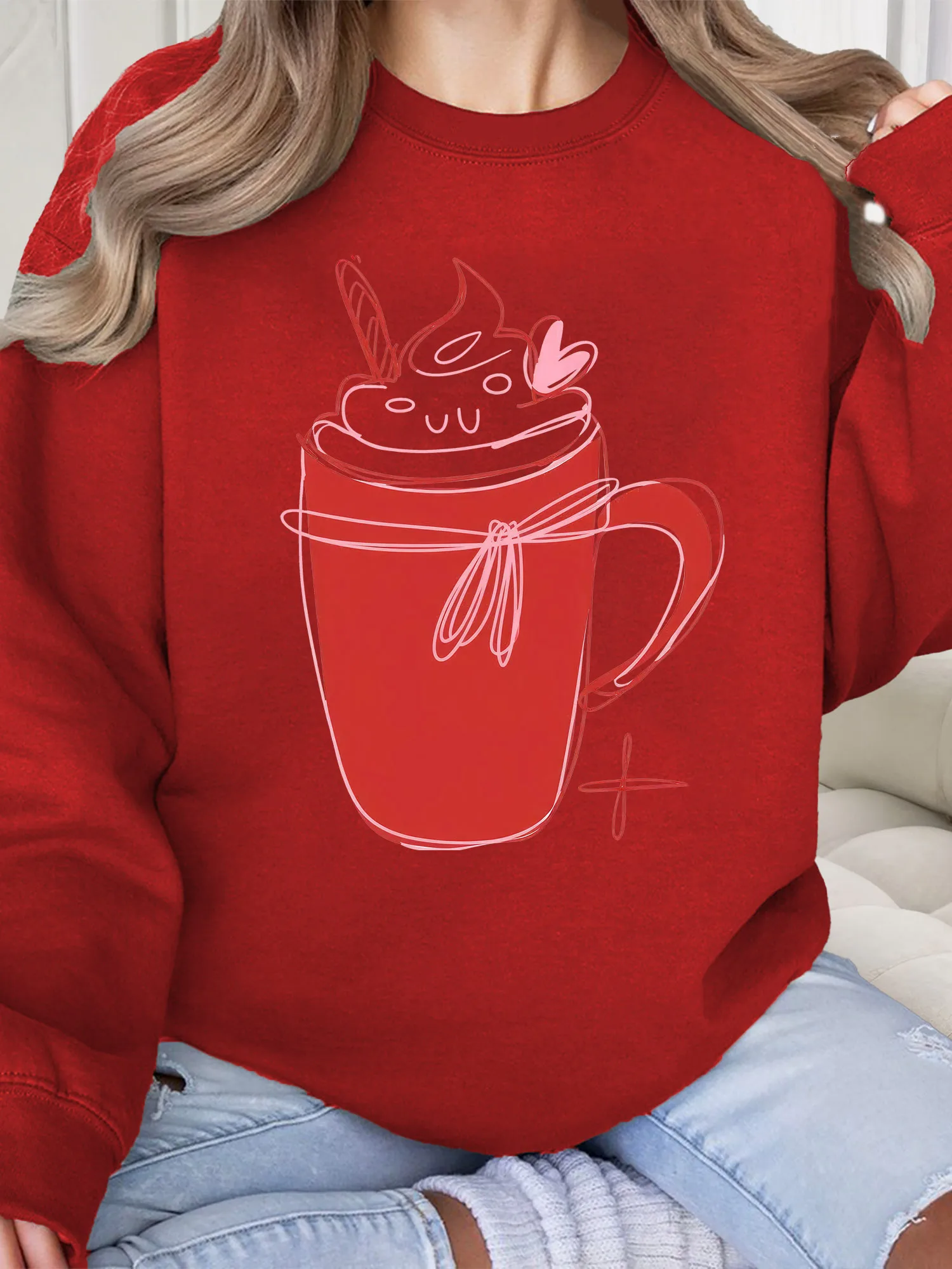 

Женская толстовка Hot Cocoa с круглым вырезом, повседневный пуловер с длинными рукавами, свободный крой, для ежедневной носки