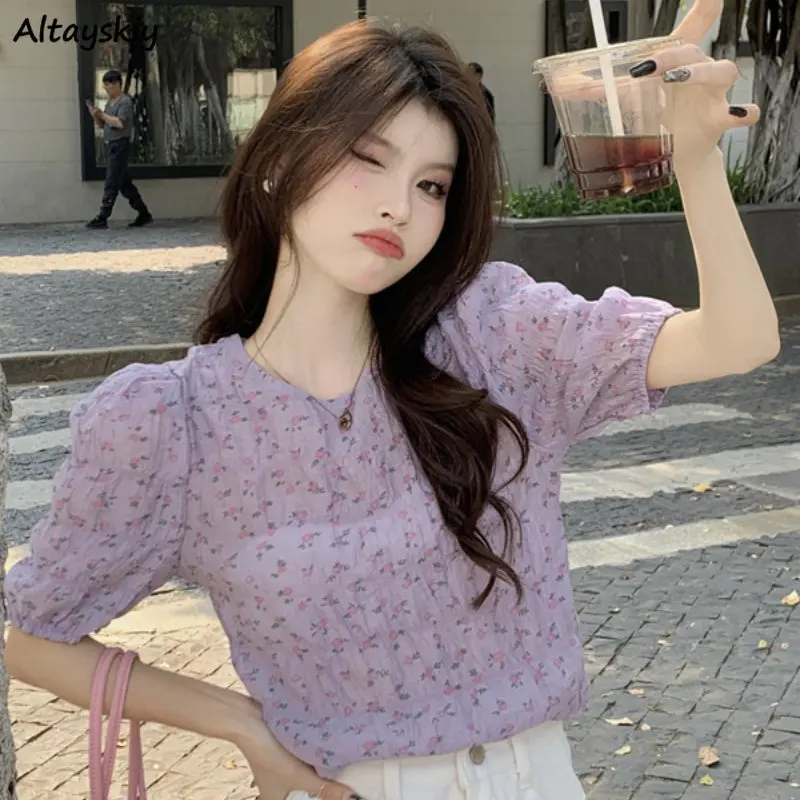 Purple Floral Blouses Women Puff Sleeve Sweet Summer French Style Loose Vintage Temperament Prairie Chic Ulzzang Literary Tender