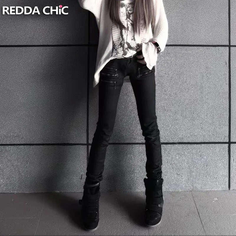 

ReddaChic Women Stretchy Black Jeans Punk Zipper Pockets Cleanfit Low Rise Straight Tight Denim Pants Goth Harajuku Streetwear