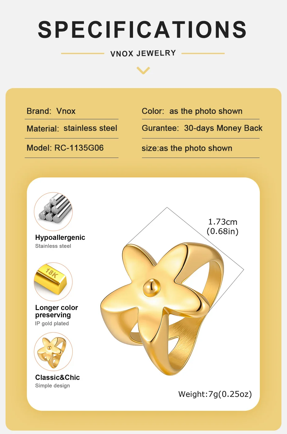 Vnox Klassischer Emaille-Ring mit Blauer Blume für Damen, Trendiger 18K Vergoldeter Blumen-Fingerring, Zierlicher Statement-Schmuck – Detail 4
