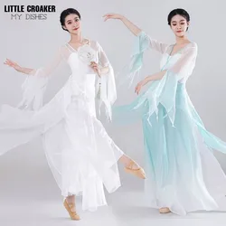 쉬어 플로잉 한푸 탑 플레어 슬리브, 우아한 한푸 원피스, 요정 중국 고전 무용복