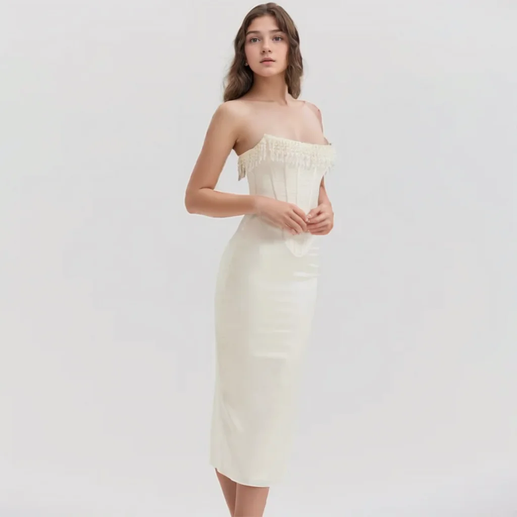 Nuevo vestido sexy de color sólido sin mangas con hombros descubiertos y cuentas de espina de pescado